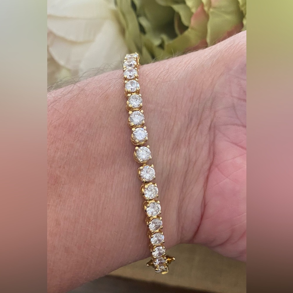 RS Stamped Gold Overlay Tennis Bracelet with Prong-Set Stones